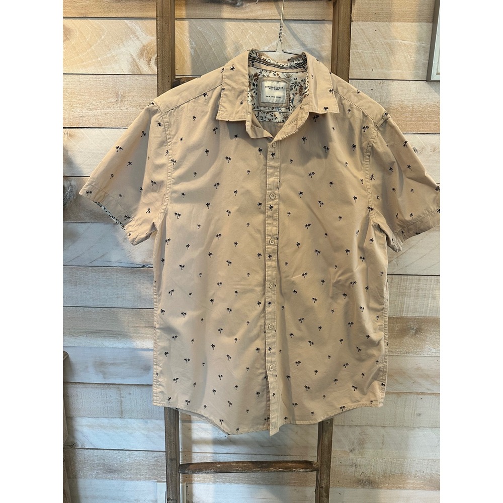Denim & Flower Ricky Singh Mens Medium Tan Palm Tree Print Short Sleeve Shirt